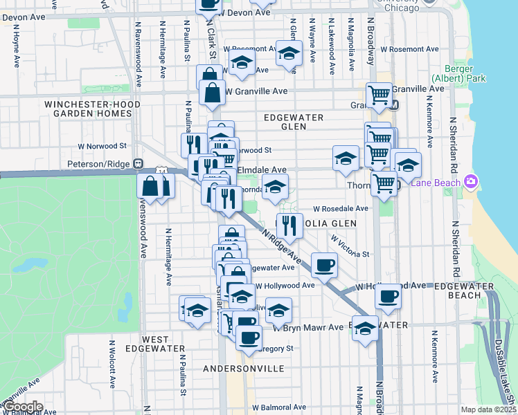 map of restaurants, bars, coffee shops, grocery stores, and more near 1505 West Thorndale Avenue in Chicago