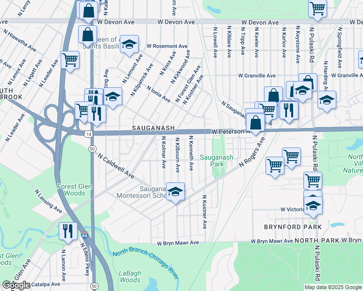 map of restaurants, bars, coffee shops, grocery stores, and more near 5944 North Kilbourn Avenue in Chicago