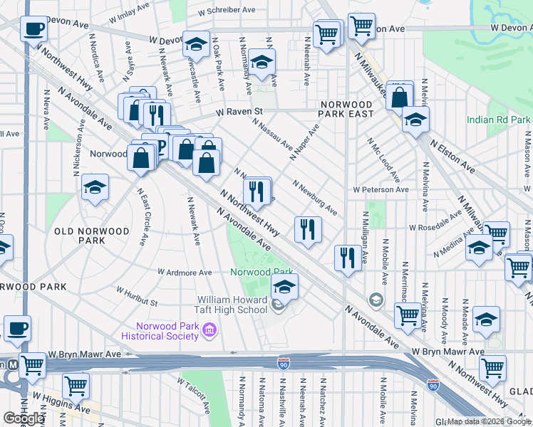 map of restaurants, bars, coffee shops, grocery stores, and more near 5944 North Navarre Avenue in Chicago