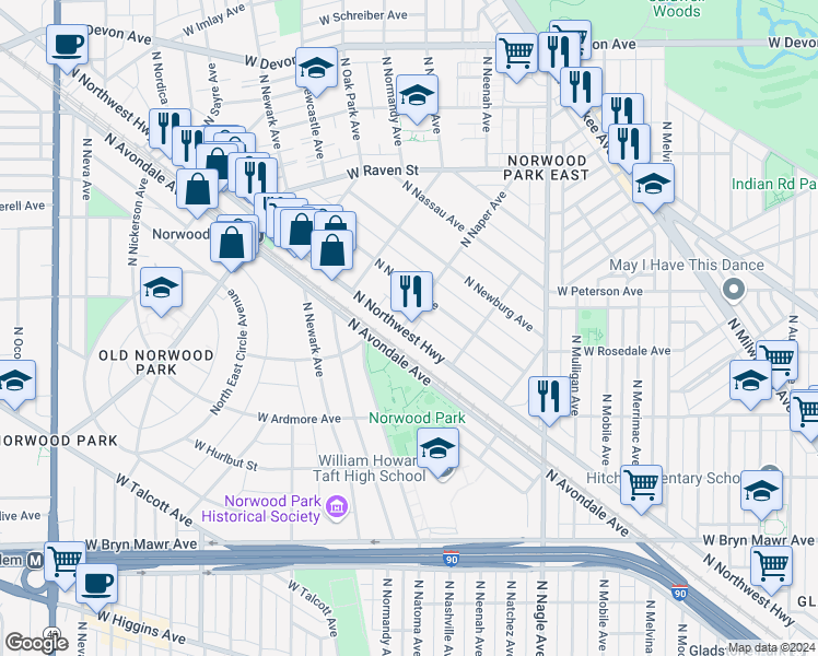 map of restaurants, bars, coffee shops, grocery stores, and more near 5963 North Northwest Highway in Chicago