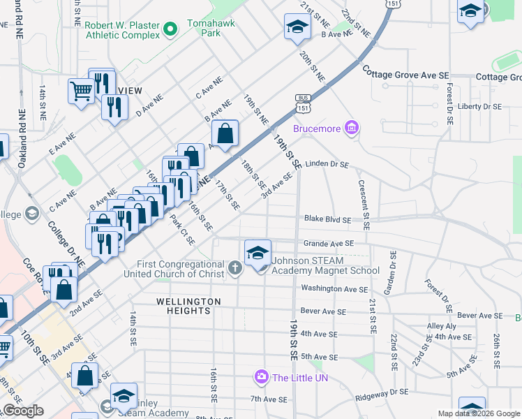 map of restaurants, bars, coffee shops, grocery stores, and more near 1720 3rd Ave SE in Cedar Rapids