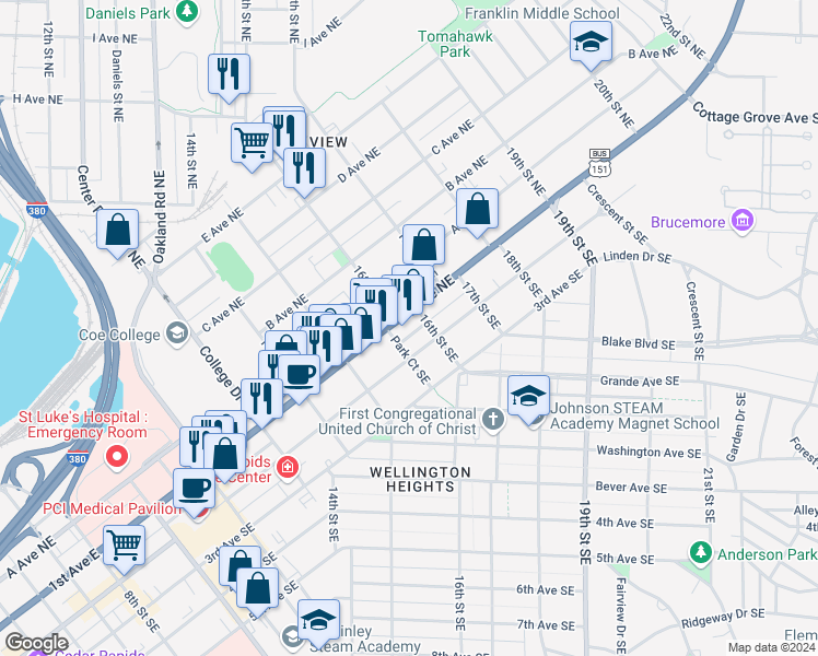 map of restaurants, bars, coffee shops, grocery stores, and more near 1602 1st Avenue Northeast in Cedar Rapids