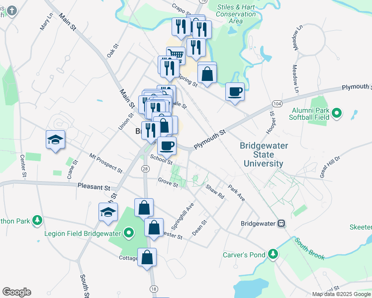 map of restaurants, bars, coffee shops, grocery stores, and more near 46 Summer Street in Bridgewater