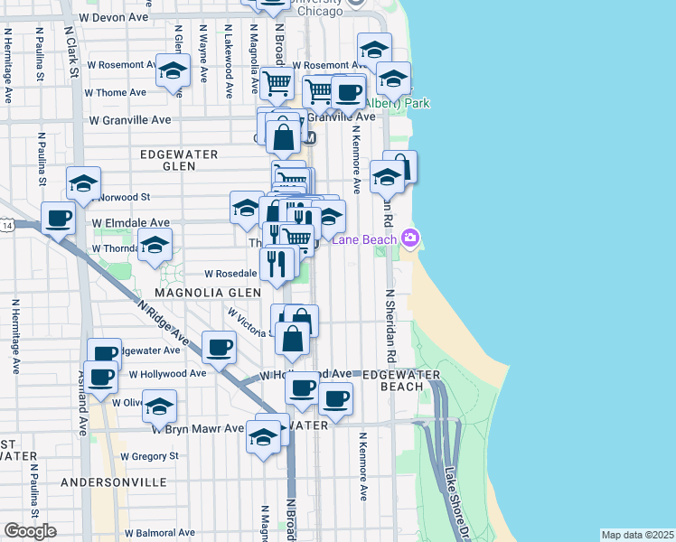 map of restaurants, bars, coffee shops, grocery stores, and more near 5832 North Winthrop Avenue in Chicago