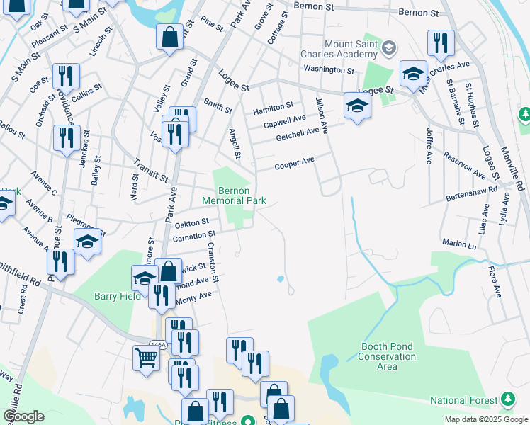 map of restaurants, bars, coffee shops, grocery stores, and more near 2 Broadway in Woonsocket
