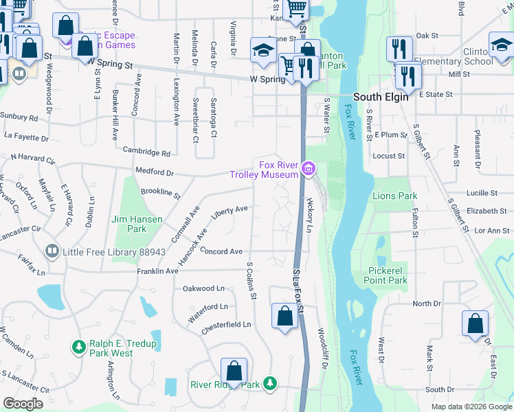 map of restaurants, bars, coffee shops, grocery stores, and more near 430 Liberty Avenue in South Elgin