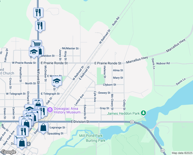 map of restaurants, bars, coffee shops, grocery stores, and more near 26 Parkside Drive in Dowagiac