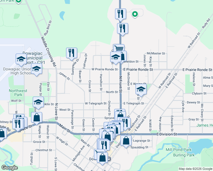 map of restaurants, bars, coffee shops, grocery stores, and more near 601 Orchard Street in Dowagiac