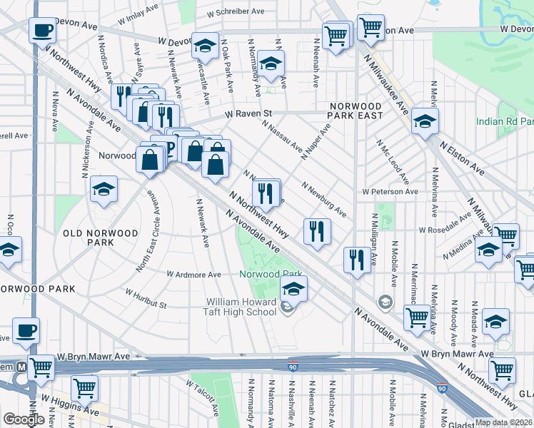 map of restaurants, bars, coffee shops, grocery stores, and more near 5963 North Northwest Highway in Chicago