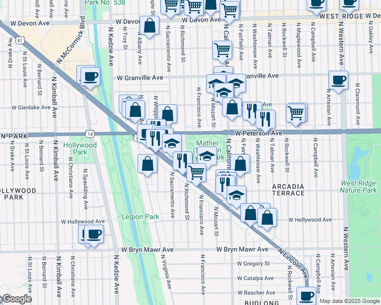 map of restaurants, bars, coffee shops, grocery stores, and more near 2939 West Peterson Avenue in Chicago