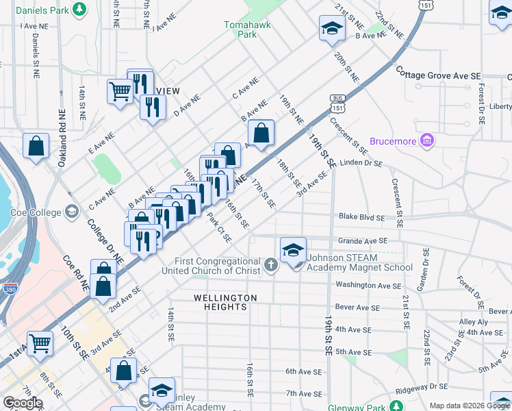 map of restaurants, bars, coffee shops, grocery stores, and more near 1645 2nd Avenue Southeast in Cedar Rapids