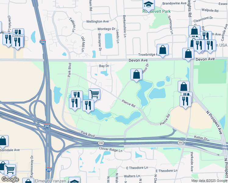 map of restaurants, bars, coffee shops, grocery stores, and more near 15 Bay Drive in Itasca