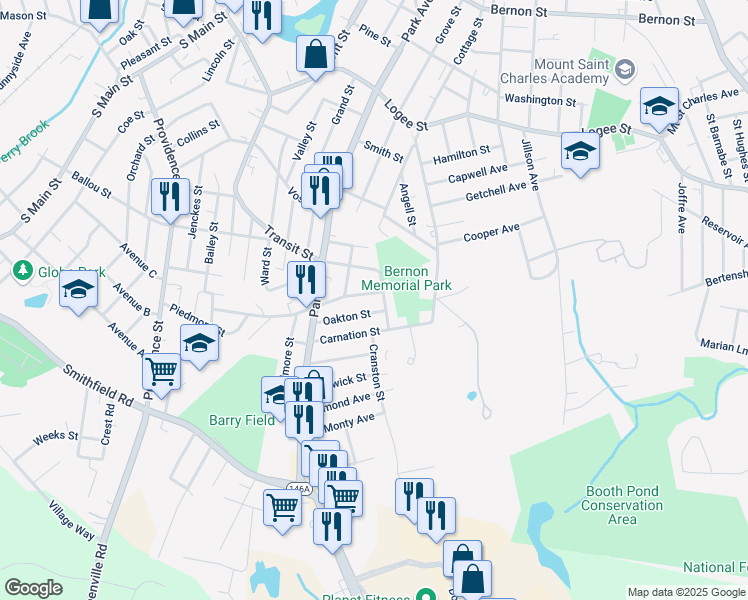 map of restaurants, bars, coffee shops, grocery stores, and more near 392 Mowry Street in Woonsocket