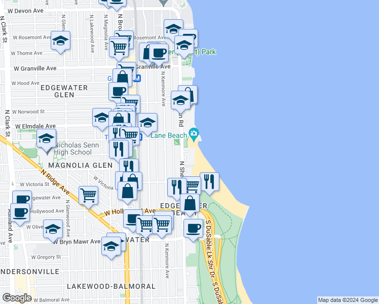 map of restaurants, bars, coffee shops, grocery stores, and more near 5821 North Sheridan Road in Chicago