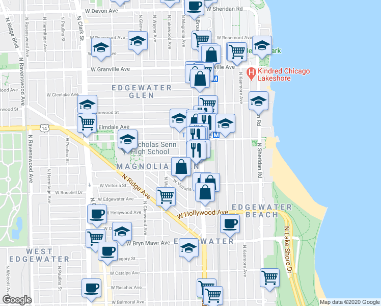 map of restaurants, bars, coffee shops, grocery stores, and more near in Chicago