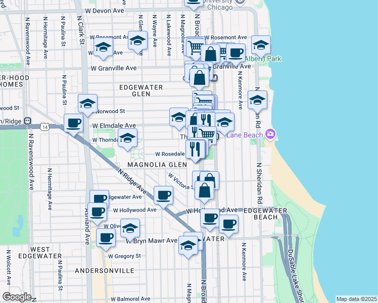 map of restaurants, bars, coffee shops, grocery stores, and more near 5915 North Magnolia Avenue in Chicago