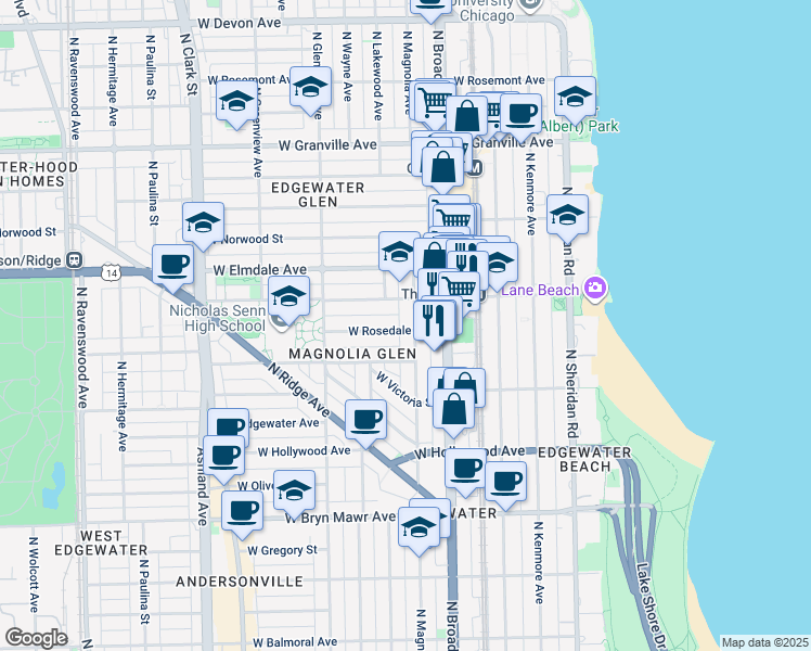 map of restaurants, bars, coffee shops, grocery stores, and more near in Chicago