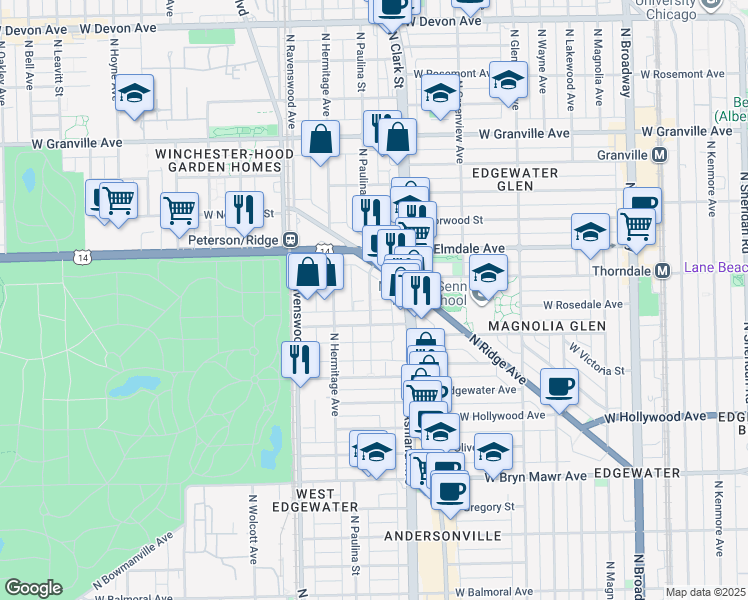 map of restaurants, bars, coffee shops, grocery stores, and more near 5936 North Paulina Street in Chicago