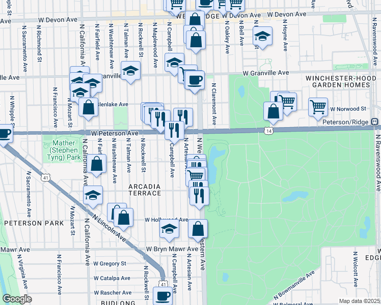 map of restaurants, bars, coffee shops, grocery stores, and more near 5916 North Western Avenue in Chicago