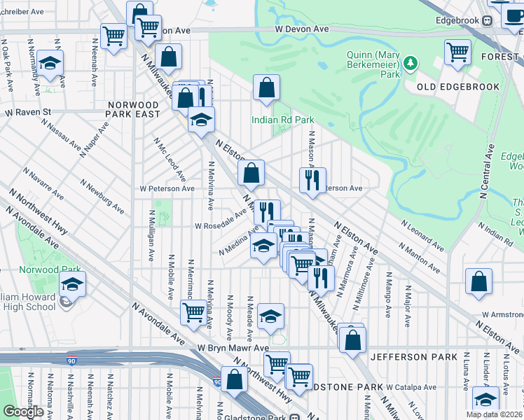map of restaurants, bars, coffee shops, grocery stores, and more near 5929 North Milwaukee Avenue in Chicago