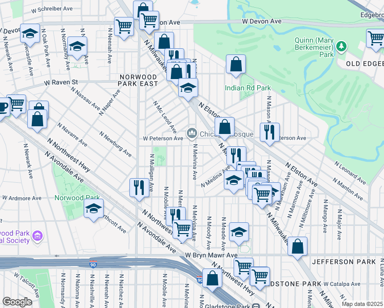 map of restaurants, bars, coffee shops, grocery stores, and more near 5934 North Melvina Avenue in Chicago