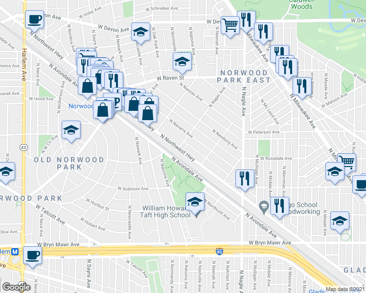 map of restaurants, bars, coffee shops, grocery stores, and more near 5963 North Northwest Highway in Chicago