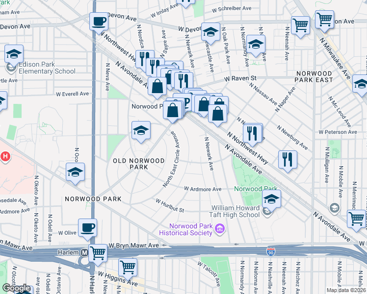 map of restaurants, bars, coffee shops, grocery stores, and more near 5930 North East Circle Avenue in Chicago