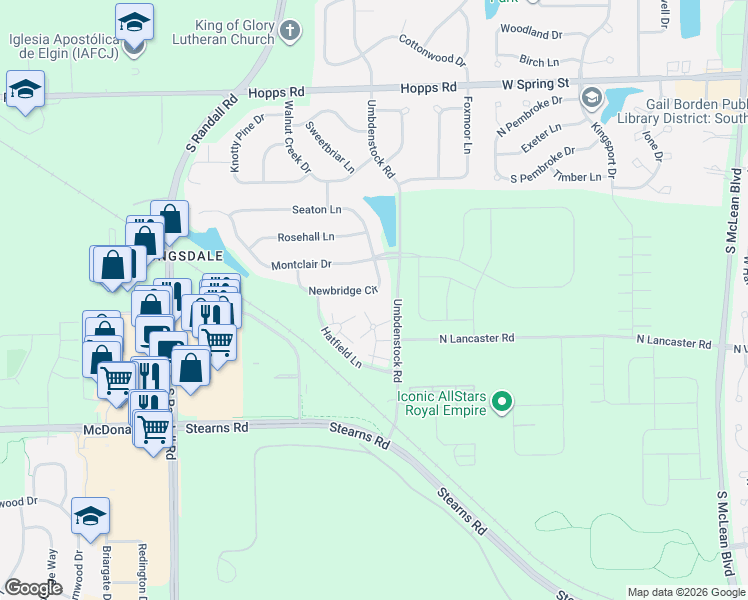 map of restaurants, bars, coffee shops, grocery stores, and more near 1725 Newbridge Circle in Elgin