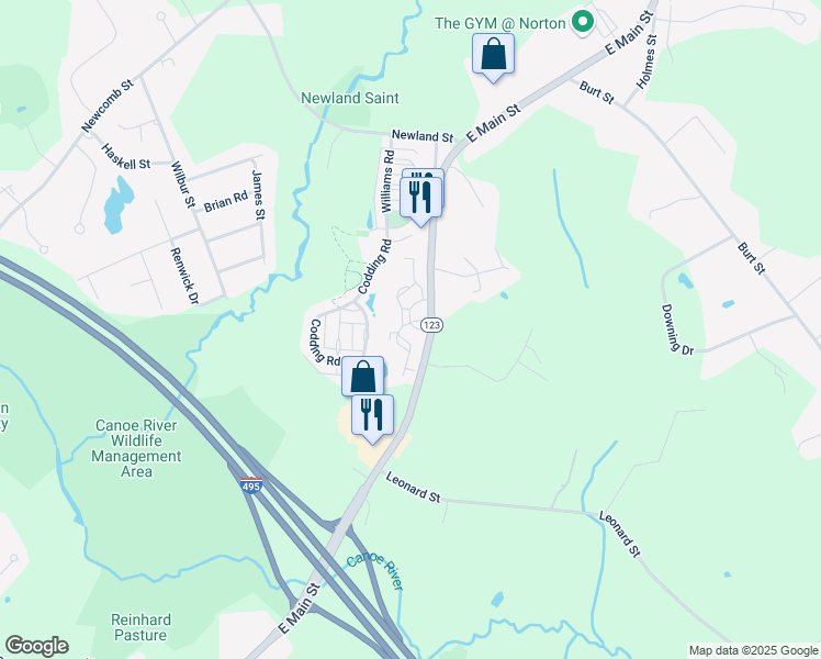 map of restaurants, bars, coffee shops, grocery stores, and more near 274 East Main Street in Norton