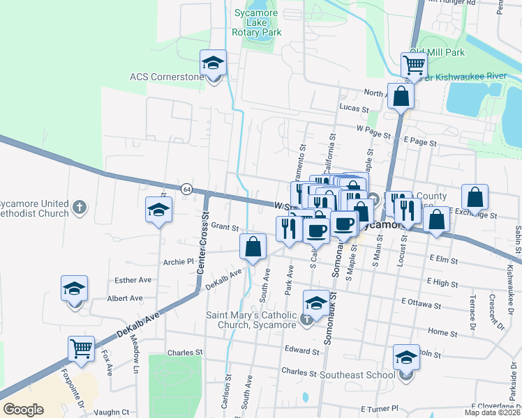 map of restaurants, bars, coffee shops, grocery stores, and more near 550 West State Street in Sycamore
