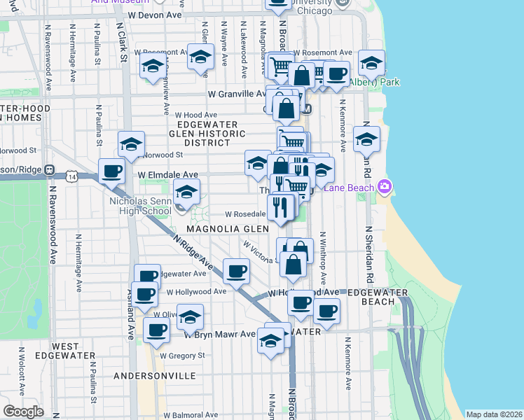 map of restaurants, bars, coffee shops, grocery stores, and more near 5915 North Magnolia Avenue in Chicago