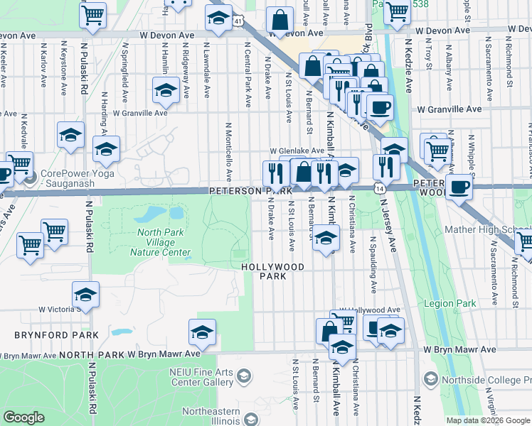 map of restaurants, bars, coffee shops, grocery stores, and more near 5935 North Central Park Avenue in Chicago