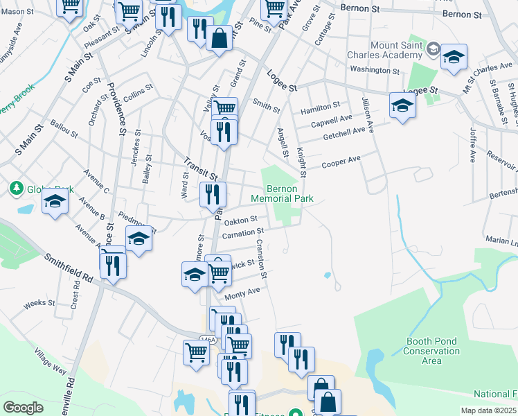 map of restaurants, bars, coffee shops, grocery stores, and more near 392 Mowry Street in Woonsocket
