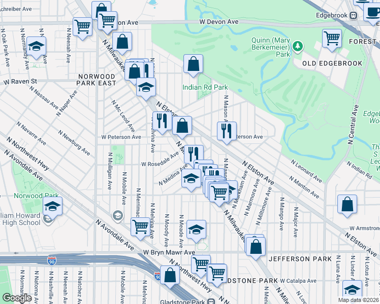 map of restaurants, bars, coffee shops, grocery stores, and more near 5929 North Milwaukee Avenue in Chicago
