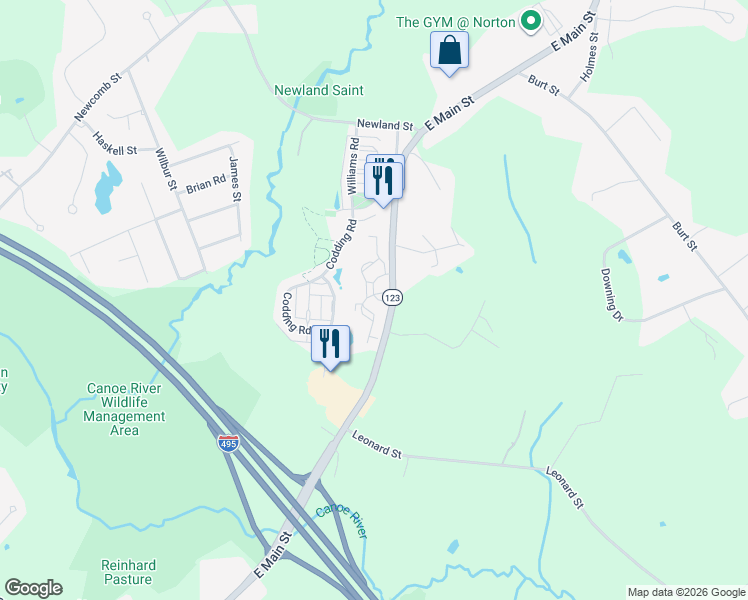 map of restaurants, bars, coffee shops, grocery stores, and more near 274 East Main Street in Norton