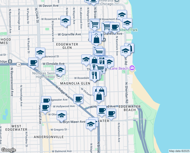 map of restaurants, bars, coffee shops, grocery stores, and more near 5917 North Broadway in Chicago