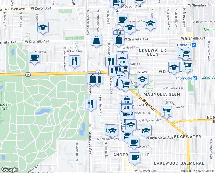 map of restaurants, bars, coffee shops, grocery stores, and more near 5928 North Paulina Street in Chicago