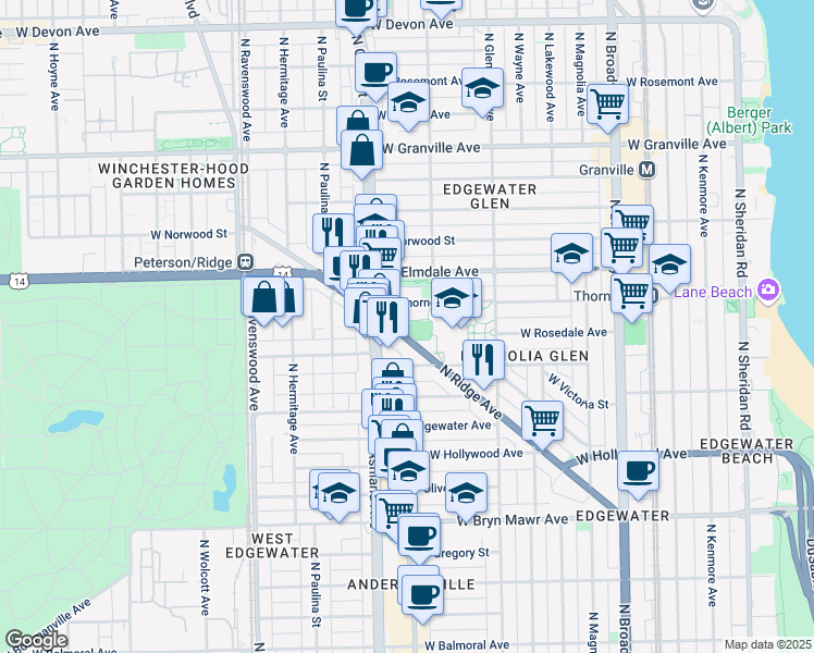 map of restaurants, bars, coffee shops, grocery stores, and more near 5887 North Ridge Avenue in Chicago