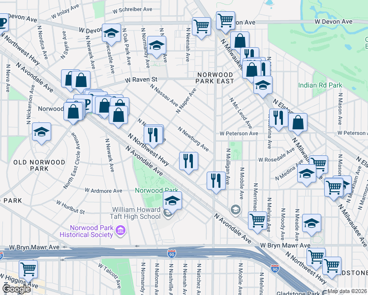 map of restaurants, bars, coffee shops, grocery stores, and more near 5911 North Navarre Avenue in Chicago