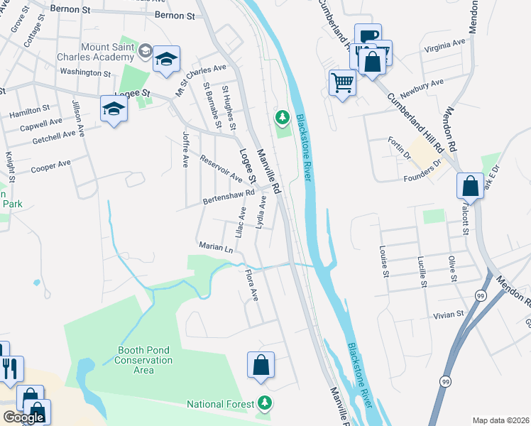 map of restaurants, bars, coffee shops, grocery stores, and more near 46 Lydia Avenue in Woonsocket