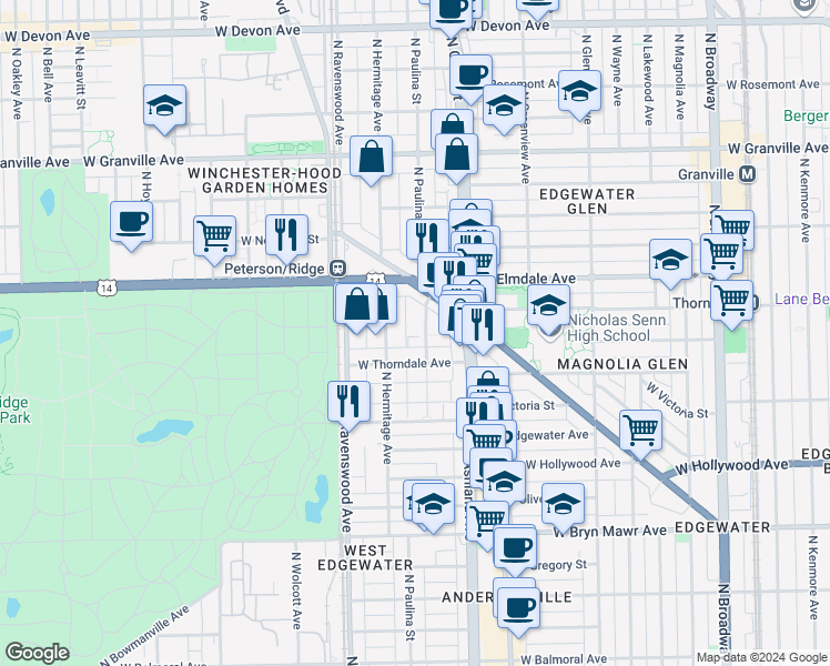 map of restaurants, bars, coffee shops, grocery stores, and more near 5934 North Paulina Street in Chicago