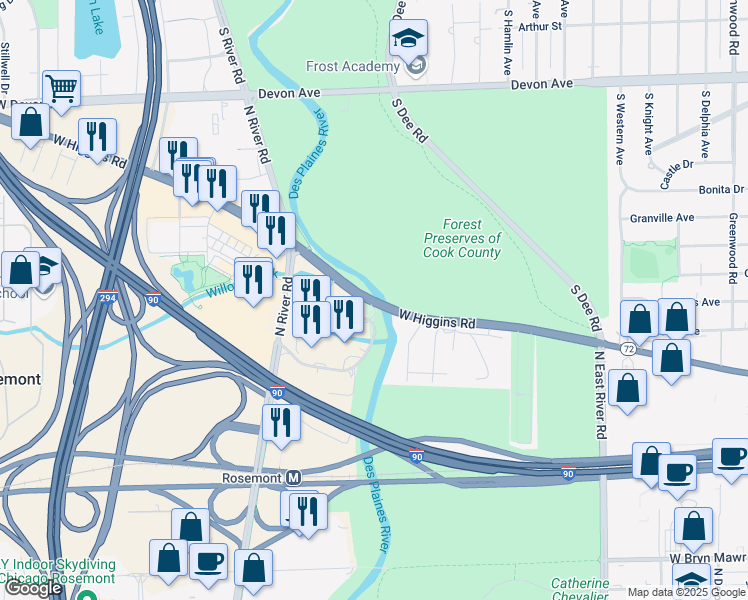 map of restaurants, bars, coffee shops, grocery stores, and more near 2800 West Higgins Road in Park Ridge