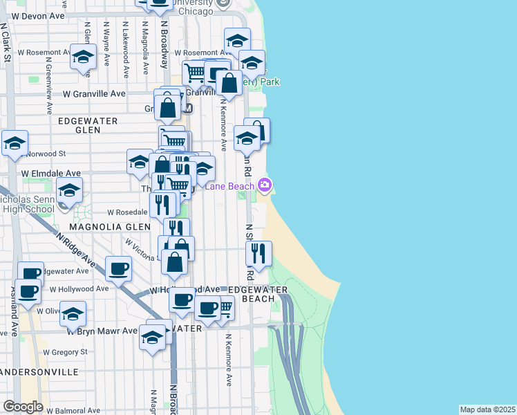 map of restaurants, bars, coffee shops, grocery stores, and more near 5901 North Sheridan Road in Chicago