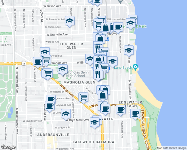 map of restaurants, bars, coffee shops, grocery stores, and more near 5905 North Magnolia Avenue in Chicago