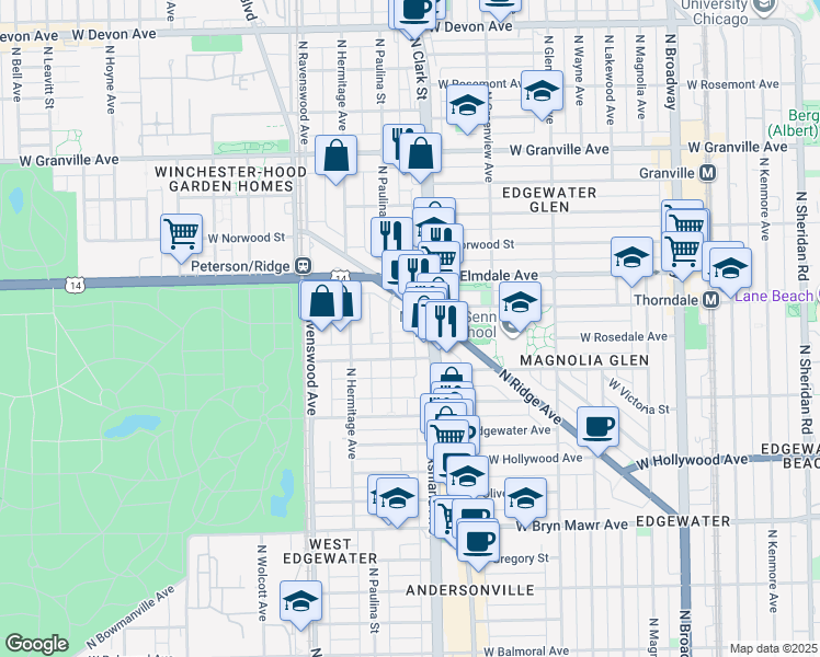 map of restaurants, bars, coffee shops, grocery stores, and more near 5940 North Ridge Avenue in Chicago