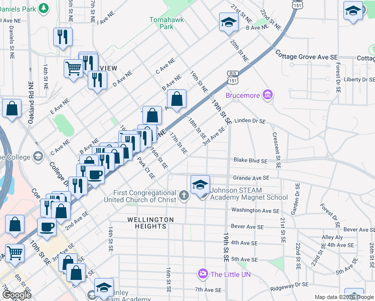 map of restaurants, bars, coffee shops, grocery stores, and more near 1720 3rd Ave SE in Cedar Rapids