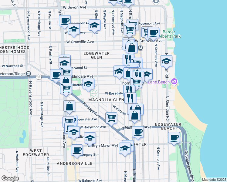 map of restaurants, bars, coffee shops, grocery stores, and more near 1304 West Rosedale Avenue in Chicago