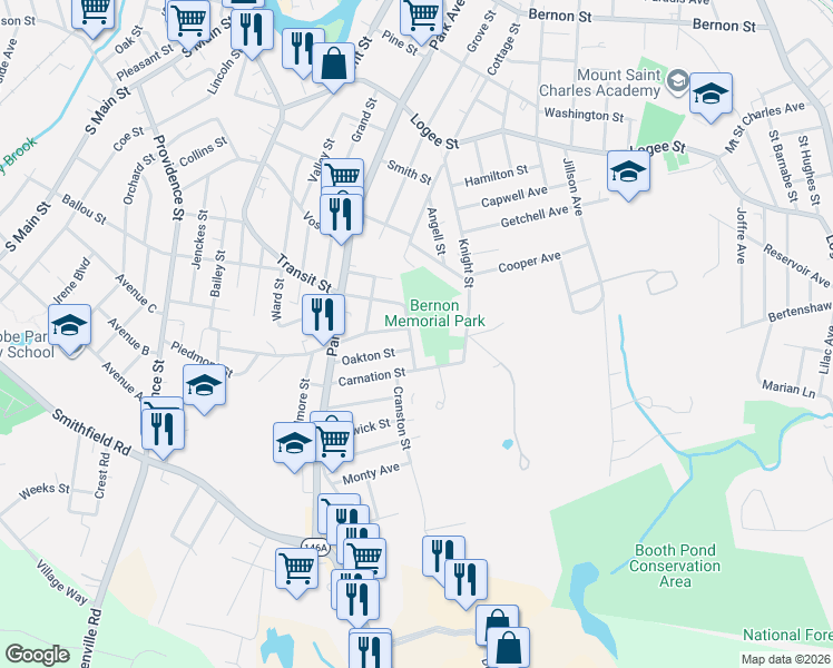 map of restaurants, bars, coffee shops, grocery stores, and more near 392 Mowry Street in Woonsocket