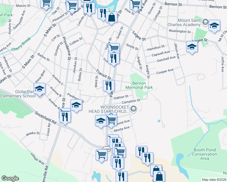 map of restaurants, bars, coffee shops, grocery stores, and more near 1019 Park Avenue in Woonsocket