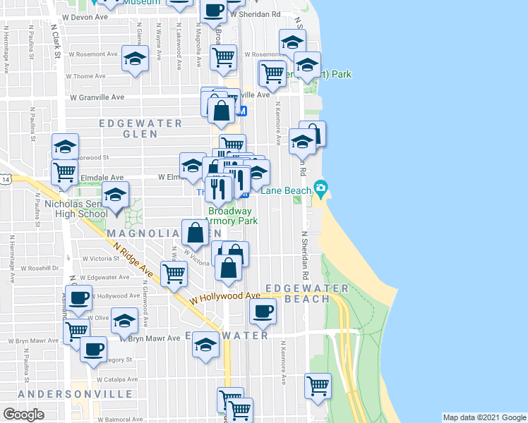 map of restaurants, bars, coffee shops, grocery stores, and more near 5832 North Winthrop Avenue in Chicago